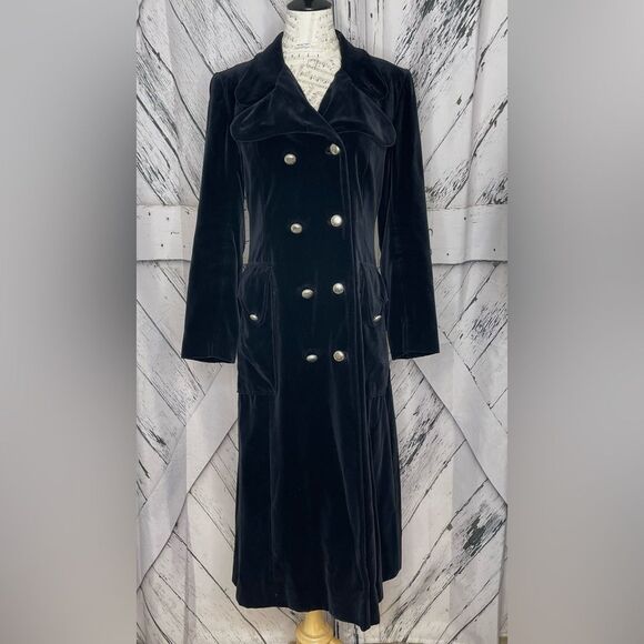 Vintage Lawrence of London Velvet Coat Military Style Double Breasted Midi Small